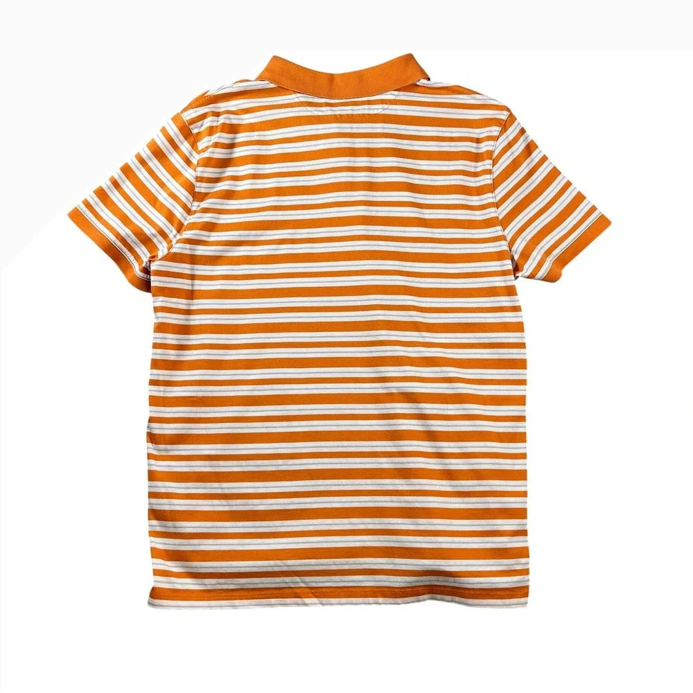 Banana Republic Mens Fitted Pima Polo Shirt Large Orange White Striped Cotton